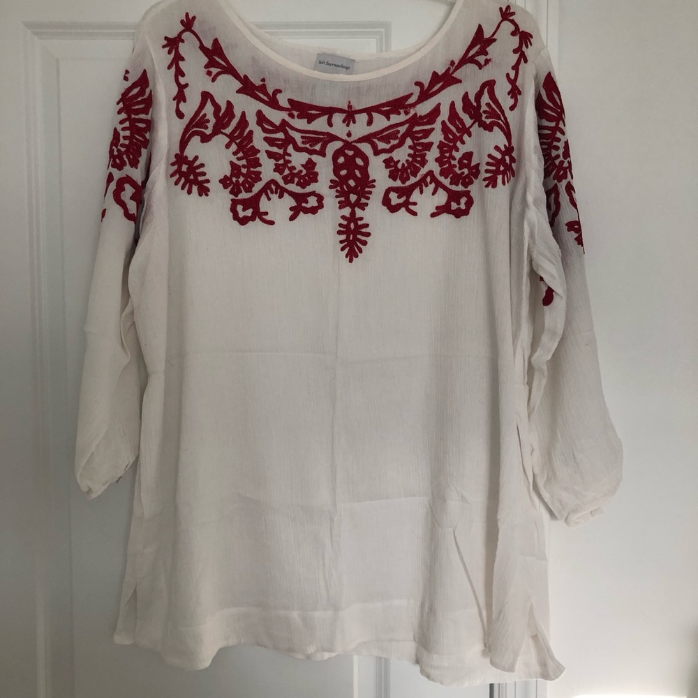 Soft Surroundings White Tunic with Red Embroidered Yoke